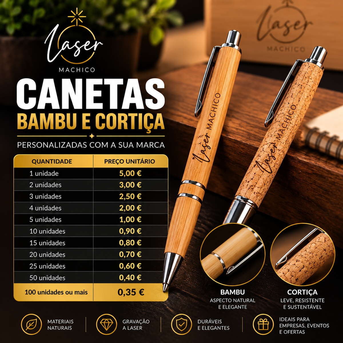 Canetas Personalizadas em Madeira, Bambu e Cortiça