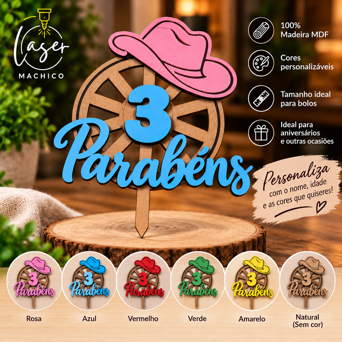 Topo de Bolo Personalizado em MDF – Tema Cowboy