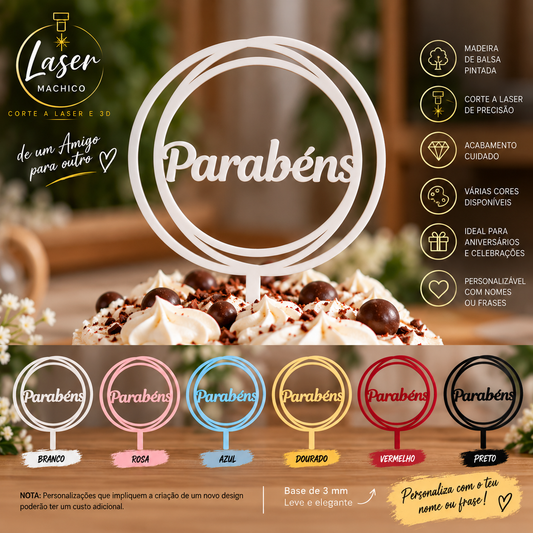 Topo de Bolo «Parabéns» – Elegância para Momentos Especiais