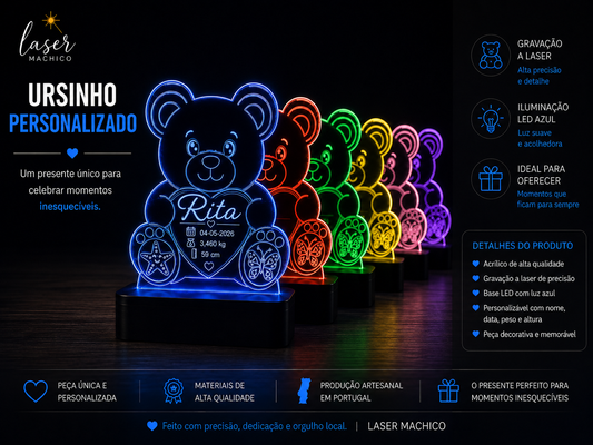 Ursinho LED Personalizado – Dados de Nascimento do Bebé