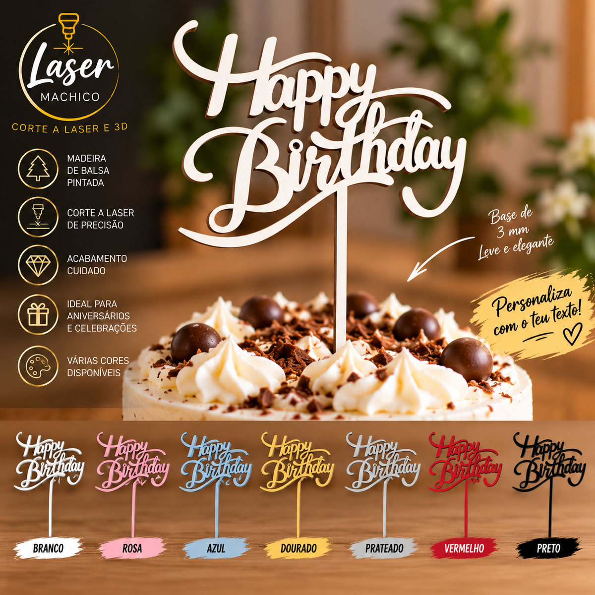 Topo de Bolo «Happy Birthday» em Madeira de Balsa – Várias Cores