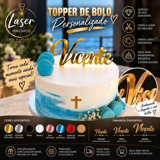 Topper de Bolo Personalizado em Acrílico Espelhado – Nome à Tua Escolha